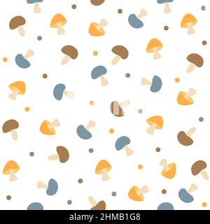 Nahtloses Vektormuster verschiedener Pilze auf weißem Hintergrund. Einfacher handgezeichneter Stil Stock Vektor