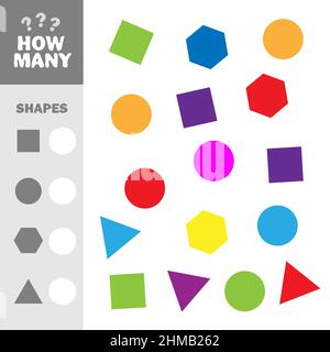 Zählspiel mit einfachen geometrischen Formen für Kinder, pädagogische mathematische Aufgabe für die Entwicklung des logischen Denkens. Wie viele Elemente mit Formen Stock Vektor