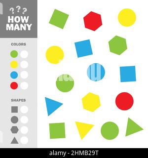 Zählspiel mit einfachen geometrischen Formen für Kinder, pädagogische mathematische Aufgabe für die Entwicklung. Wie viele Elemente mit Farben und Formen Stock Vektor