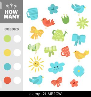 Zählen Sie, wie viele Elemente mit Farbe sind. Vector Lernspiel. Niedliche Frühlingselemente auf Weiß Stock Vektor
