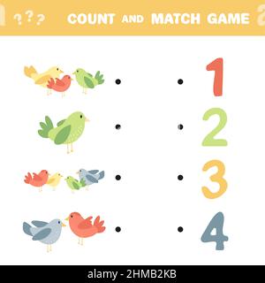 Zählspiel für Vorschulkinder. Educational ein mathematisches Spiel. Zählen Sie die Vögel und wählen Sie die richtige Antwort. Stock Vektor