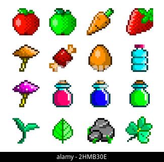 Lebensmittel und Ressourcen Pixel Art Icons. Früchte, Flaschen, Kräuter-Vektor-Spiel-Assets, editierbares Set Stock Vektor