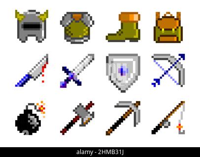 Waffen, Rüstungen und Werkzeuge Pixel Art Set. Vektorgrafik für Spielelemente, editierbar Stock Vektor