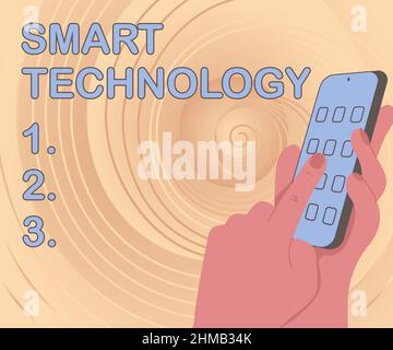 Handschriftschild Smart Technology. Geschäftskonzept Gadgets oder Gerät, das einen eingebauten Computer oder Chip Hände Halten technologische Gerät hat Stockfoto