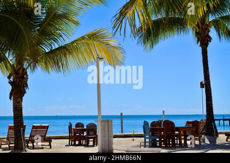 Ess- und Entspannungsbereich im Freien mit Tischen, Stühlen und Liegestühlen am Strand eines Strandhotels mit Blick auf das Karibische Meer in San Pedro, Belize. Stockfoto