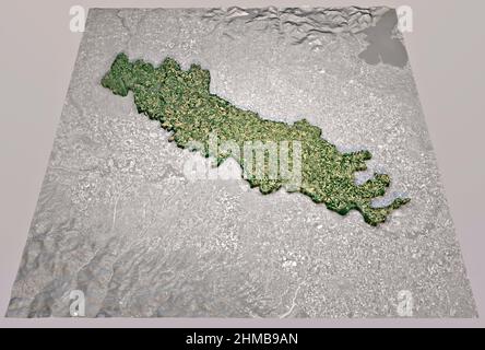 Satellitenansicht der Provinz Cremona, Lombardei. Italien. 3D Rendern. Physische Karte, Ebenen, Berge, Seen, Gebirge Stockfoto