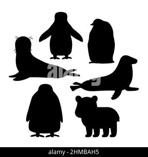 Set aus schwarz weißen Silhouette Vektor Pinguin, König Pinguin Küken, Pelzrobbe, Eisbär Junge kleine gemeinsame Robbe. Isolierte kleine Cartoon niedlichen Meer und Ocea Stock Vektor