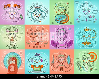 Set aus 12 quadratischen Sternzeichen auf farbigen Hintergründen. Logo, Mädchen Tattoo oder Illustration. Astrologische Prognose, Frauen horo Stockfoto