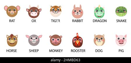 Runde Tiere Gesichter gesetzt chinesischen Tierkreis zwölf Zeichen Porträts mit Namen Text Icons nette Cartoon Illustration flache Vektor Avatare Ratte, Ochse, Tiger, Kaninchen, Drachen, Schlange, Pferd, Ziege isoliert für UI-App Stock Vektor