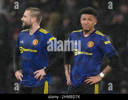 Burnley, England, 8th. Februar 2022. Jadon Sancho von Manchester United reagiert nach dem Premier-League-Spiel in Turf Moor, Burnley. Bildnachweis sollte lauten: Andrew Yates / Sportimage Stockfoto