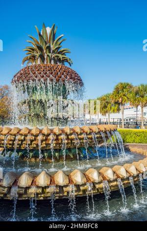 Der Ananas-Brunnen am Waterfront Park in der Innenstadt von Charleston, South Carolina, USA Stockfoto