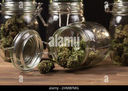 Cannabisknospen in einem Glas, fertig zum Verzehr. Stockfoto