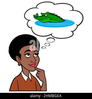 Black Woman Thinking about an Alligator - Eine Cartoon-Illustration einer Black Woman Thinking about an Alligator in the wild. Stock Vektor