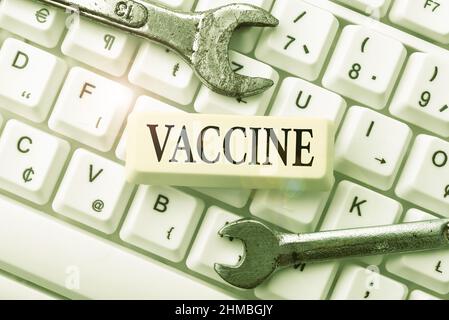 Inspiration mit Zeichen-Impfstoff. Business Approach Vaccine Abstract Typing New Antivirus Program, Typing Internet Virus lists Stockfoto