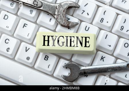 Schreiben, Text anzeigen Hygiene. Wort geschrieben auf dem Studium der Wissenschaft über die Einrichtung und Erhaltung der Gesundheit Abstract Typing New Antivirus Program Stockfoto