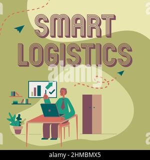 Text mit Inspiration Smart Logistics. Wort für die Integration von intelligenter Technologie in Logistiksystem Mann sitzt auf dem Schreibtisch arbeiten und Stockfoto