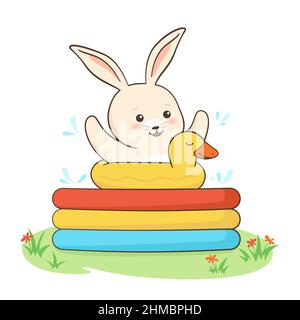 Kaninchen schwimmen im Swimmingpool Sommer Poster. Bunny kindliche Wasseraktivitäten, entspannende Bäder mit aufblasbarer Ente. Hase Maskottchen Symbol Jahr. Hallo Sommer Schwimmer Outdoor-Aktivität Cartoon-Vektor Stock Vektor