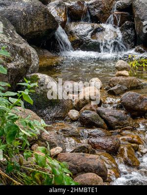 Wasser stürzt sich über große Felsbrocken in diesen kleinen Pool in Colorado, USA Stockfoto