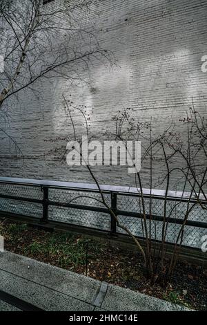 Der High Line Park in New York, der sich auf einem stillgewordenen Eisenbahnviadukt befindet, erinnert an die wilde Natur und spiegelt gleichzeitig den Charakter einer ehemaligen Industriestruktur wider Stockfoto