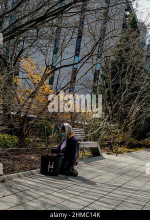 The High Line, eine gemeinnützige Organisation und der beliebte öffentliche Park von New York, der vom niederländischen Gärtner Pete Oudolf entworfen wurde, wird größtenteils von Freiwilligen unterhalten Stockfoto