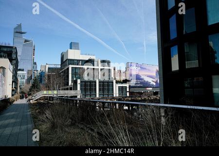 Der High Line Park in New York, der sich auf einem stillgewordenen Eisenbahnviadukt befindet, erinnert an die wilde Natur und spiegelt gleichzeitig den Charakter einer ehemaligen Industriestruktur wider Stockfoto