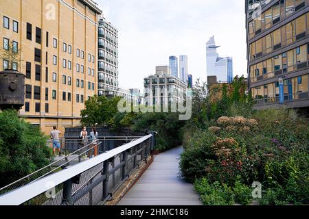 Pflanzen auf der High Line – Präriegräser, sonnenliebende Stauden, Bäume und Sträucher – rufen einen wilden Raum hervor. Stimmungen und Texturen ändern sich mit den Jahreszeiten. Stockfoto