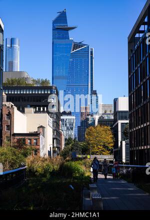 Pflanzen auf der High Line – Präriegräser, sonnenliebende Stauden, Bäume und Sträucher – rufen einen wilden Raum hervor. Stimmungen und Texturen ändern sich mit den Jahreszeiten. Stockfoto