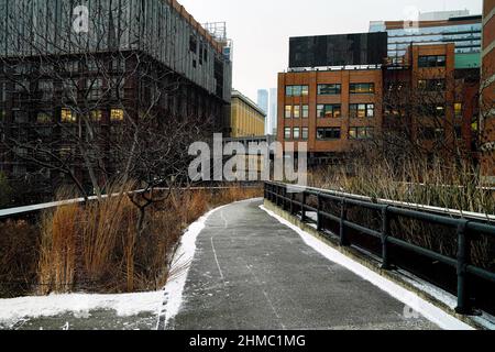 Der High Line Park in New York, der sich auf einem stillgewordenen Eisenbahnviadukt befindet, erinnert an die wilde Natur und spiegelt gleichzeitig den Charakter einer ehemaligen Industriestruktur wider Stockfoto