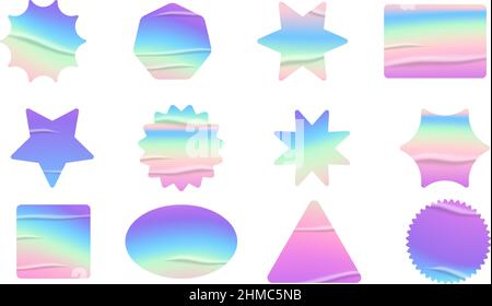 Holographisches Sticker-Set. Etikett mit geometrischen Formen und Regenbogenhologramm. Vektorelemente für modernes Trenddesign. Stock Vektor