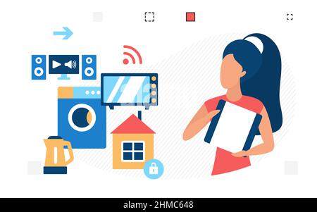 Smart-Home-Technologie, Haushaltsgeräte mit WiFi ausgestattet. IOT-Elektronik neben der Frau, Steuerung von Geräten über das Internet, Vektordarstellung Stock Vektor