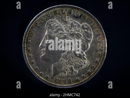 Morgan Dollar Liberty 1890 Makroaufnahme Schwarzer Hintergrund Stockfoto