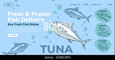 Kaufen Sie Thunfisch online im Geschäft, frische und gefrorene Fische Lieferung und bestellen Sie im Geschäft auf der Website mit Informationen über das Produkt. Ernährung und Ernährung, Essen und nou Stock Vektor