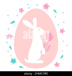 Weißer Hase auf Osterei und kleine Blumen, Blätter um dieses. Kaninchen hält Blume in seinen Pfoten. Vektorgrafik. Stock Vektor