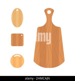 Set aus Holzschneidebrettern. Küchengeräte in verschiedenen Formen. Draufsicht. Vektor-Illustration im flachen Cartoon-Stil Stock Vektor