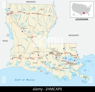 Straßenkarte des US-amerikanischen Staates louisiana Stock Vektor