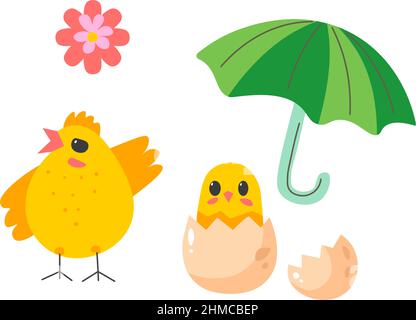 Osterfeiertage Symbole, isoliert Henne mit kleinen Huhn in Eierschale mit Regenschirm und blühende Blume. Flora und Botanik Wiederbelebung der Natur im Frühjahr. F Stock Vektor