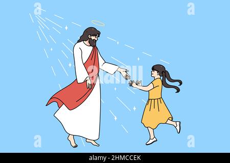 Liebevolle Jesus Strecke Hand treffen lächelnde kleine Mädchen Kind zeigen Pflege. Vater Christus mit kleinem Kind demonstrieren Unterstützung. Glauben und Religion Konzept. Gläubiger des Christentums. Flache Vektorgrafik. Stock Vektor