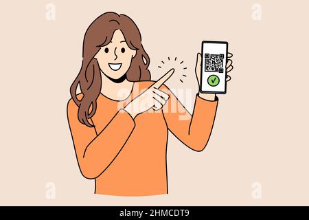 QR-Code und Online-Zahlungskonzept. Junge Frau, die auf den Smartphone-Bildschirm zeigt, mit qr-Code und Zahlungsbestätigung auf der Vektorgrafik Stock Vektor
