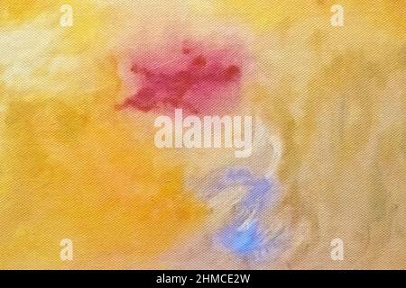 Abstrakte Kunst Hintergrund gelb und lila Farben. Aquarellmalerei auf Leinwand mit weichem goldenem Farbverlauf. Fragment roter Kunstwerke auf Papier mit patte Stockfoto