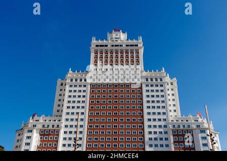 Madrid, Spanien - Februar 5 2022: Riu Plaza Espana Hotel. Stockfoto