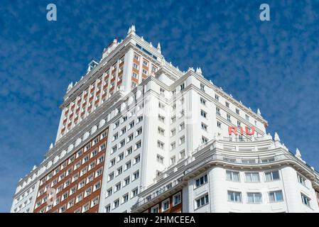 Madrid, Spanien - Februar 5 2022: Riu Plaza Espana Hotel. Stockfoto