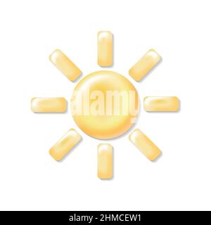 3D Sonnensymbol. Mobile Element Sunny travel Sommerlogo. Sonnenschutzcreme-Symbol spf-Taste gelb Strahlen glühende Vektor-Illustration Stock Vektor