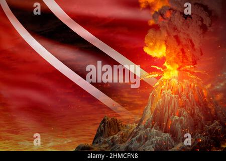Großer Vulkanausbruch in der Nacht mit Explosion auf Hintergrund der Trinidad- und Tobago-Flagge, Unruhe aufgrund von Katastrophen und vulkanischem Erdbeben Stockfoto