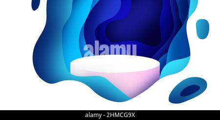 3D Podium-Szene oder Sockel auf blauem Wellenhintergrund mit minimalen welligen Formen Papier geschnitten Handwerk Studio für Display-Produkt-Mockup-Design. Stock Vektor