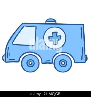 Krankenwagen im Doodle-Stil isoliert auf weißem Hintergrund. Vektorgrafik Stock Vektor