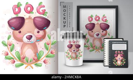 Hund in Blumenplakat und Merchandising. Stock Vektor