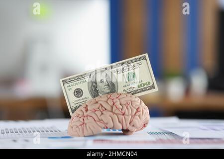 Banknote in anatomisches Modell des menschlichen Gehirns, Chaos von Geschäftspapieren auf dem Schreibtisch Stockfoto