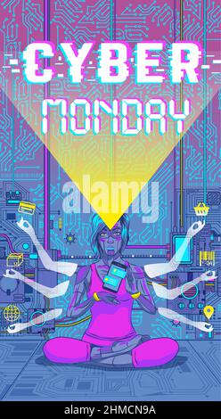 Cyber ​​Monday Verkaufsvektorkonzept. Junge Frau mit Cyber monday Verkauf Apps auf dem Handy Stock Vektor