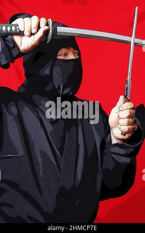 Ninja mit Wurfstern Waffe und roten Hintergrund Comic Style Illustration Stockfoto