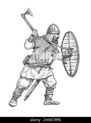 Wikinger mit Axt. Normannischer Krieger im Kampf. Mittelalterliche Ritter Illustration. Stockfoto